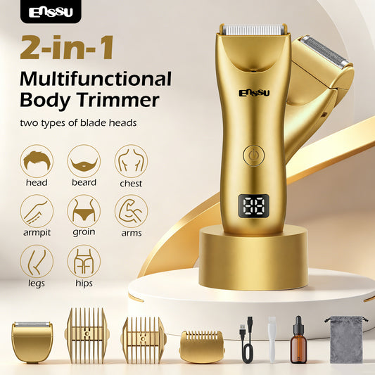 Máquina de Cortar Cabelo ENSSU Pro 2 em 1 (Dourada) — Visor Digital e Base à Prova d'Água (IPX7)