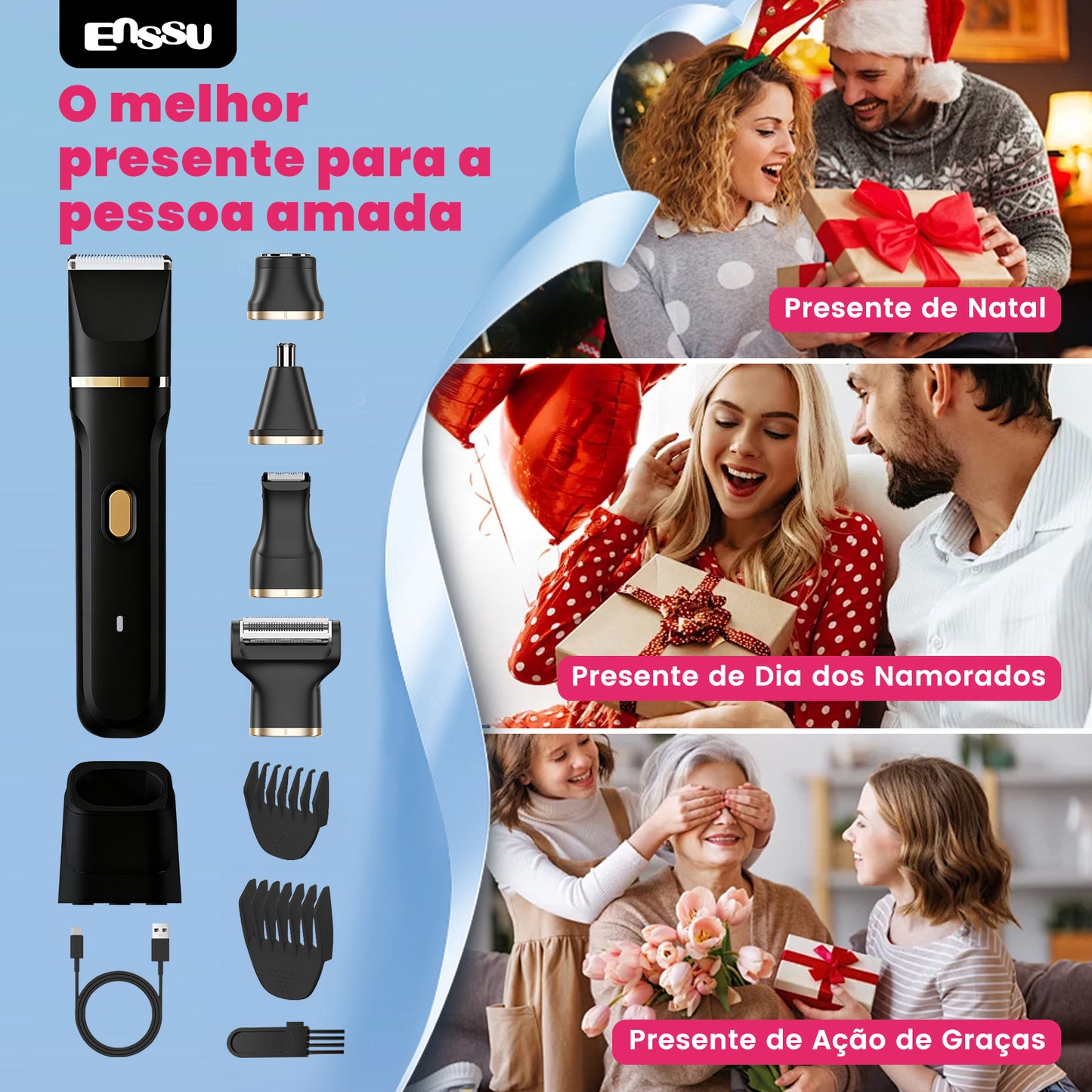 Kit 5 em 1 Feminino ENSSU Max Preto - 6900rpm Type-C IPX7