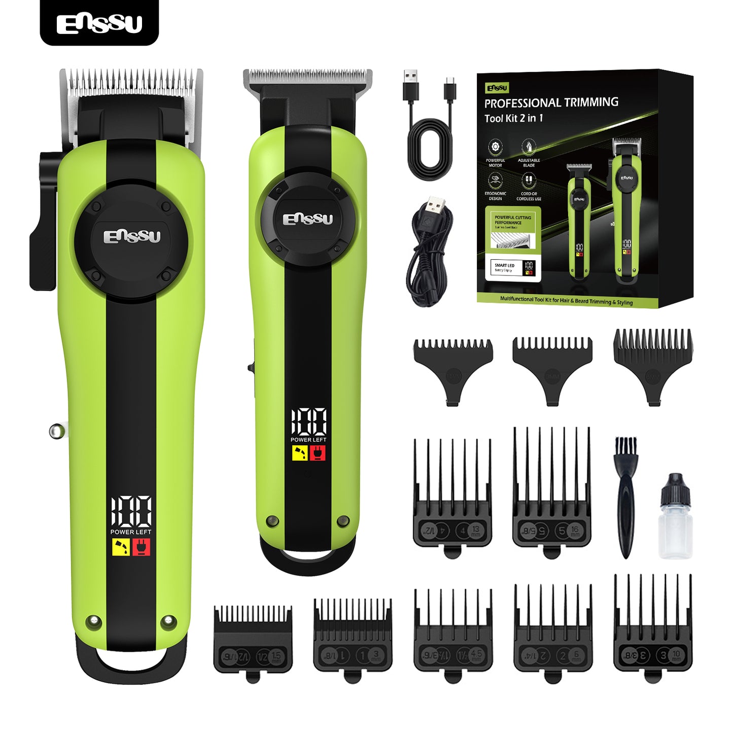 Conjunto de Máquina de Cortar Cabelo e Aparador Profissional Sem Fio Recarregável ENSSU para Homens