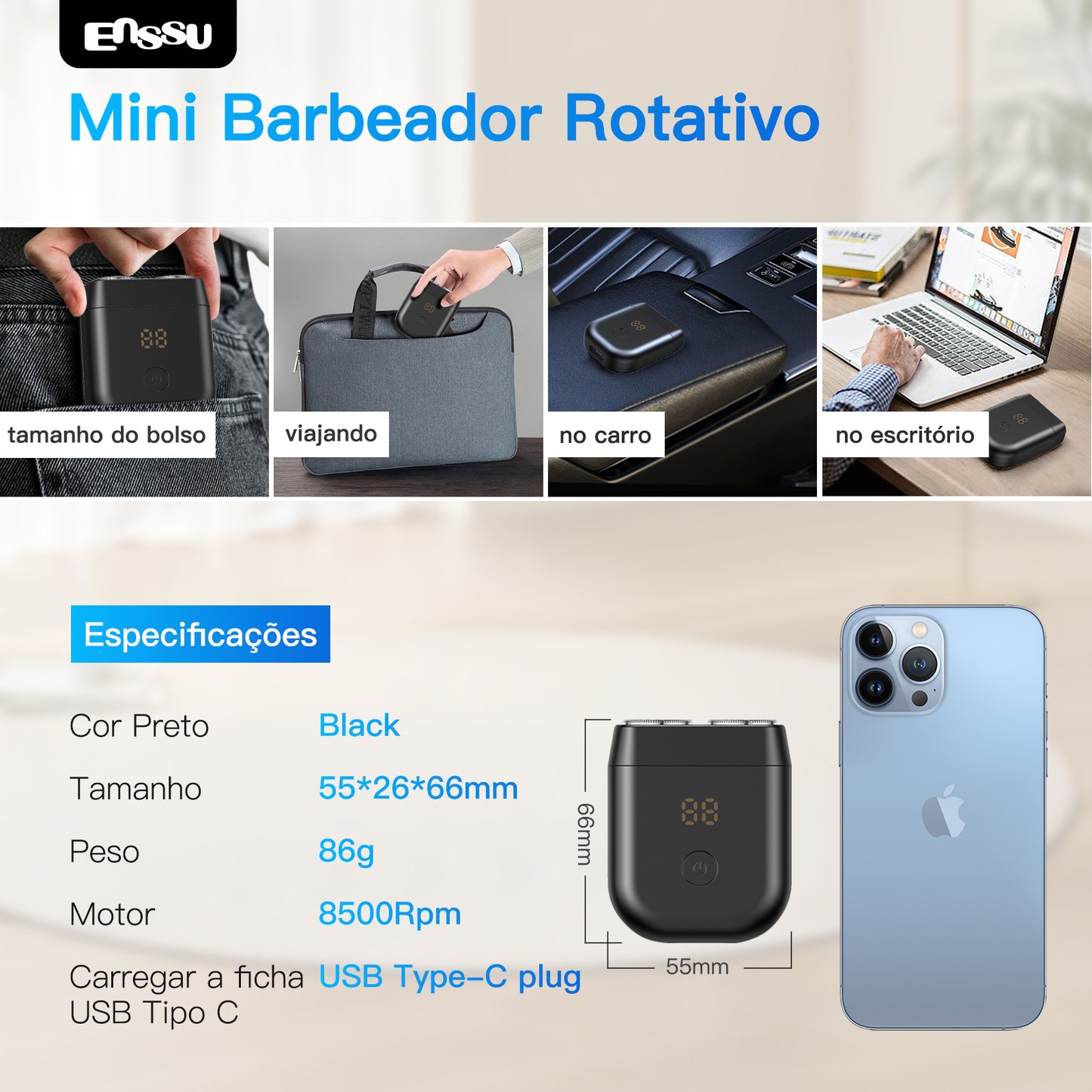Barbeador Elétrico ENSSU para Homens  Aparador de Barba Sem Fio à Prova d'Água Recarregável via USB