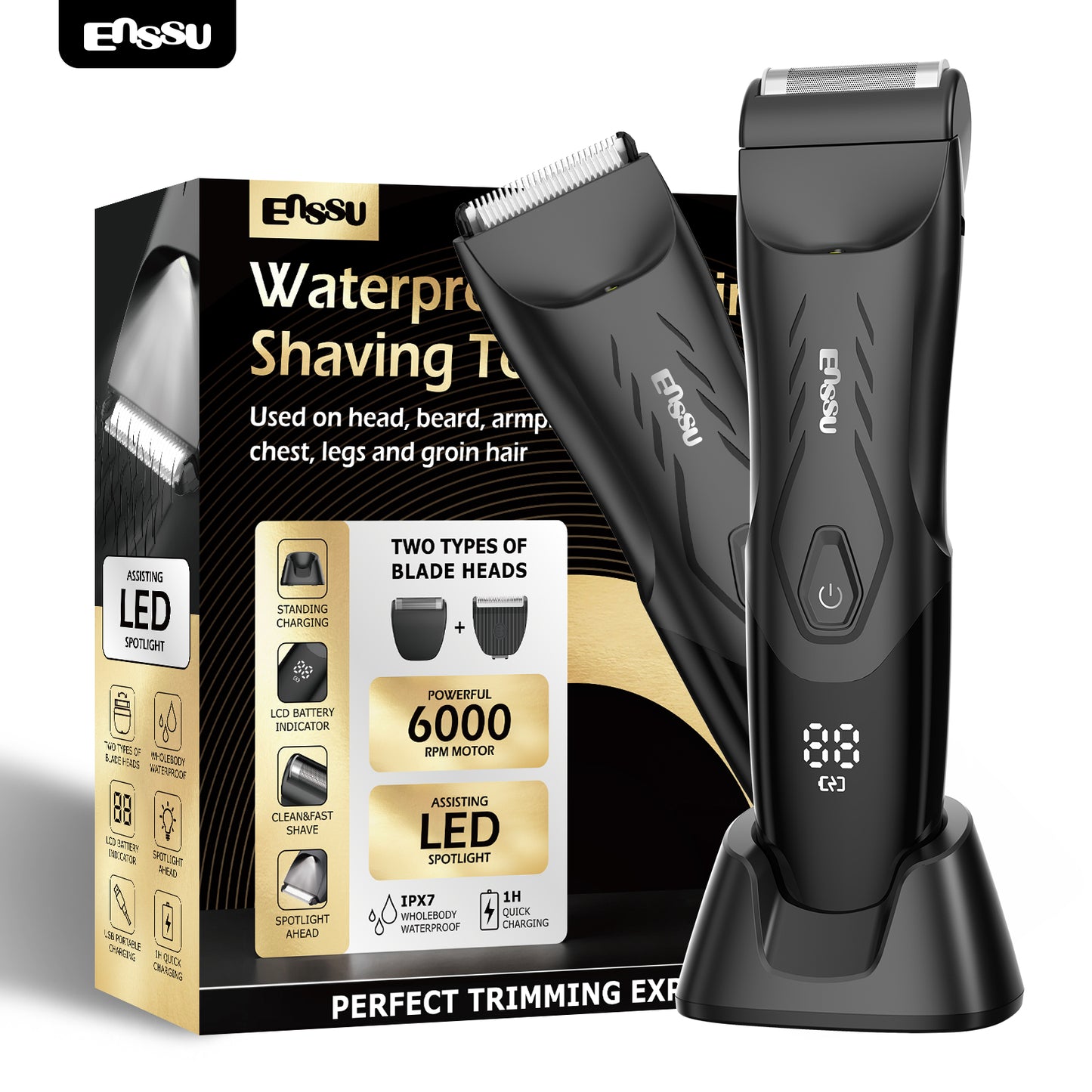 Kit Aparador Barba & Corpo ENSSU Max Preto - 2 em 1 Base IPX7
