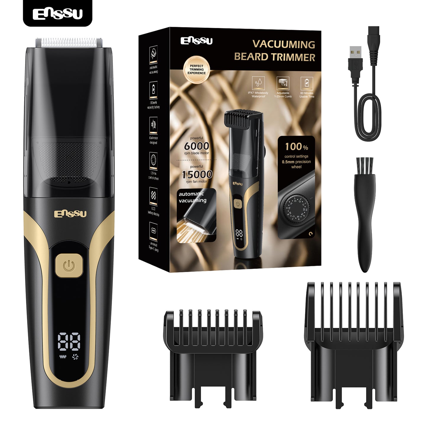 Aparador Barba Sucção ENSSU Max Preto - 1-20mm Display IPX7
