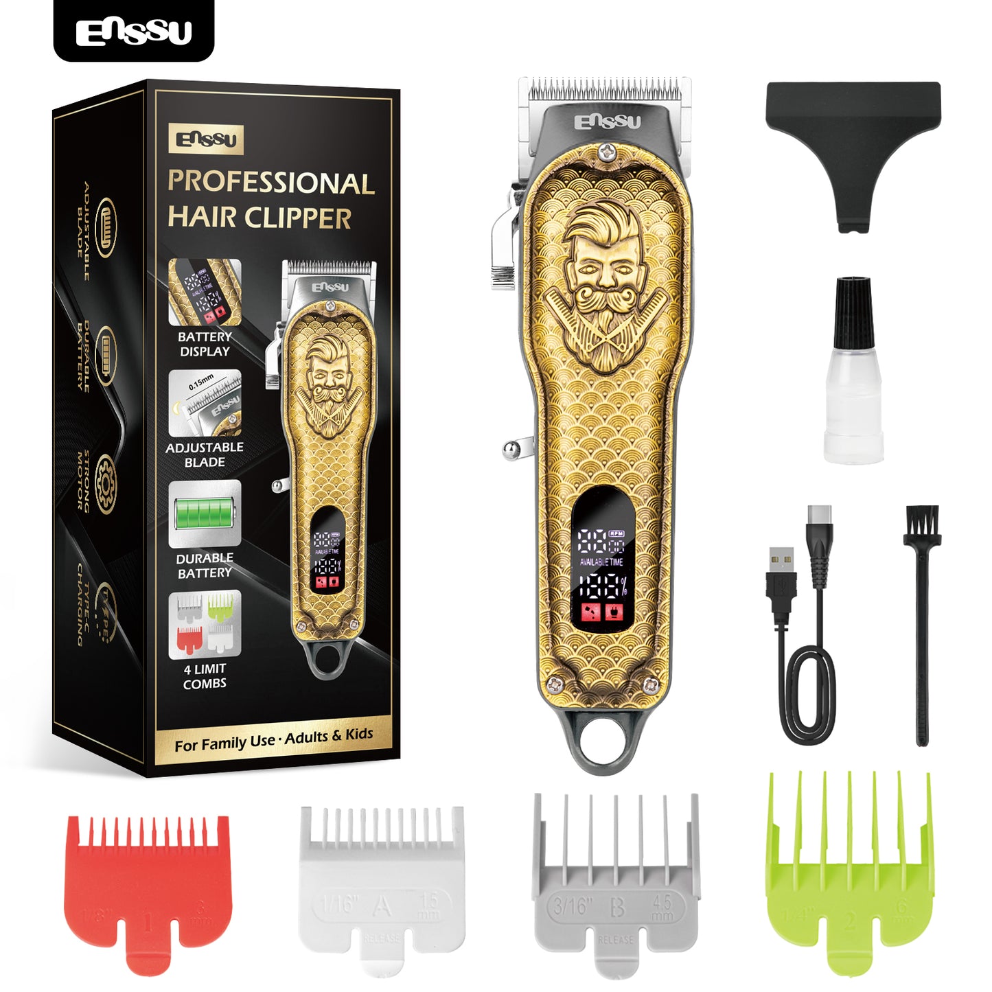 Aparador Profissional ENSSU Pro Preto - T-Blade LED Display Type-C Recarregável