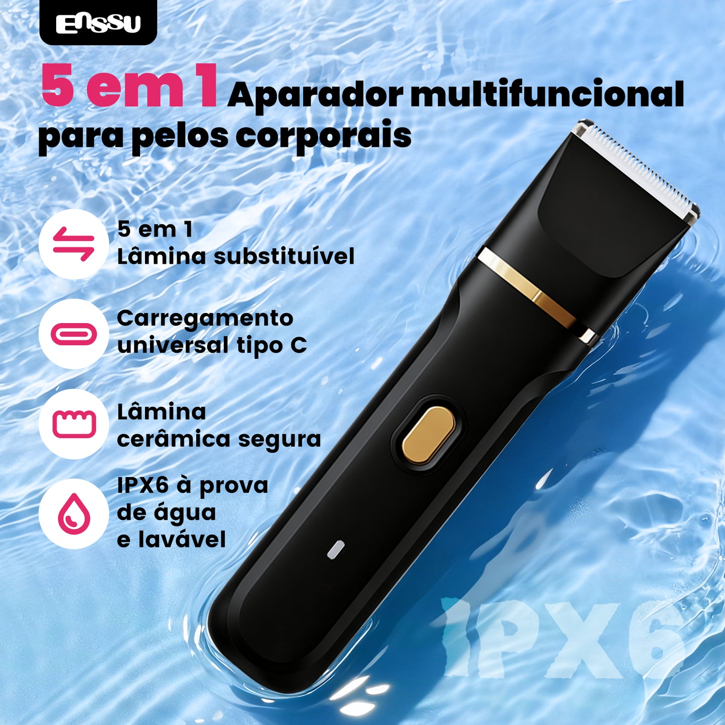 Kit 5 em 1 Feminino ENSSU Max Preto - 6900rpm Type-C IPX7