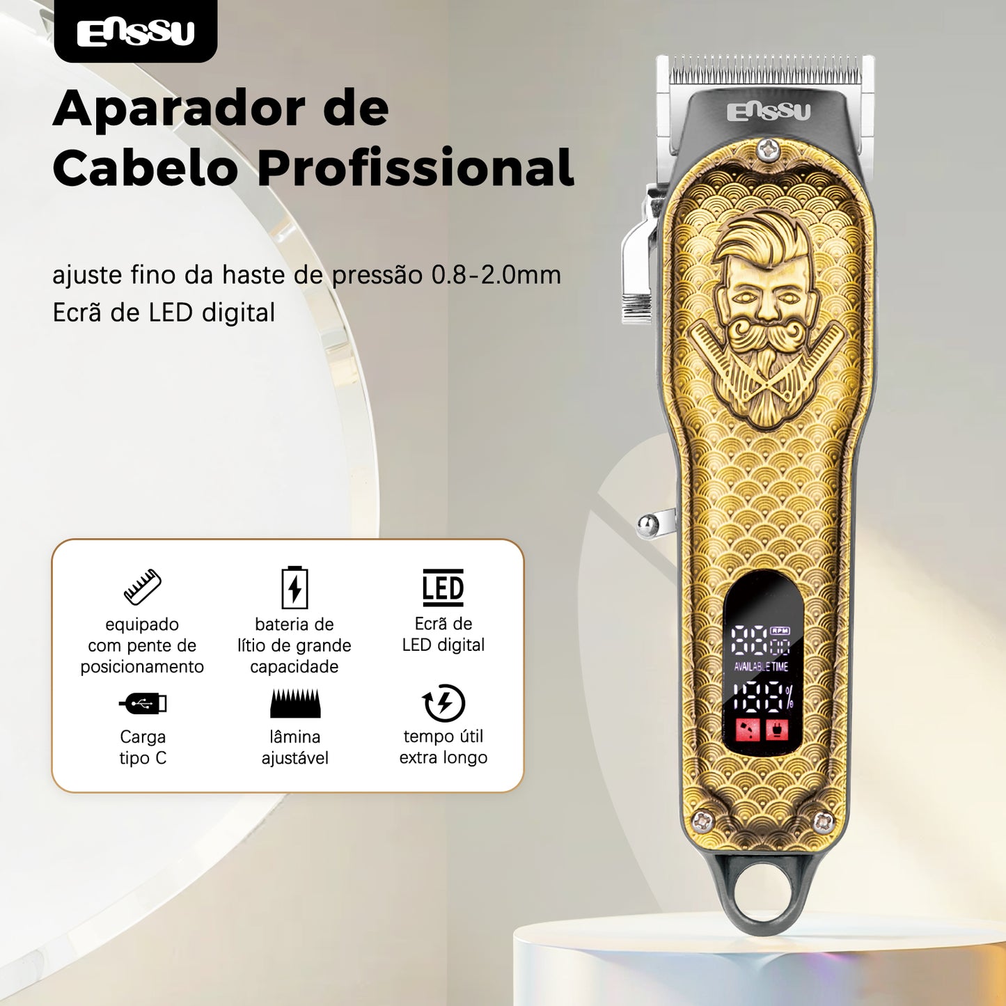 Aparador Profissional ENSSU Pro Preto - T-Blade LED Display Type-C Recarregável