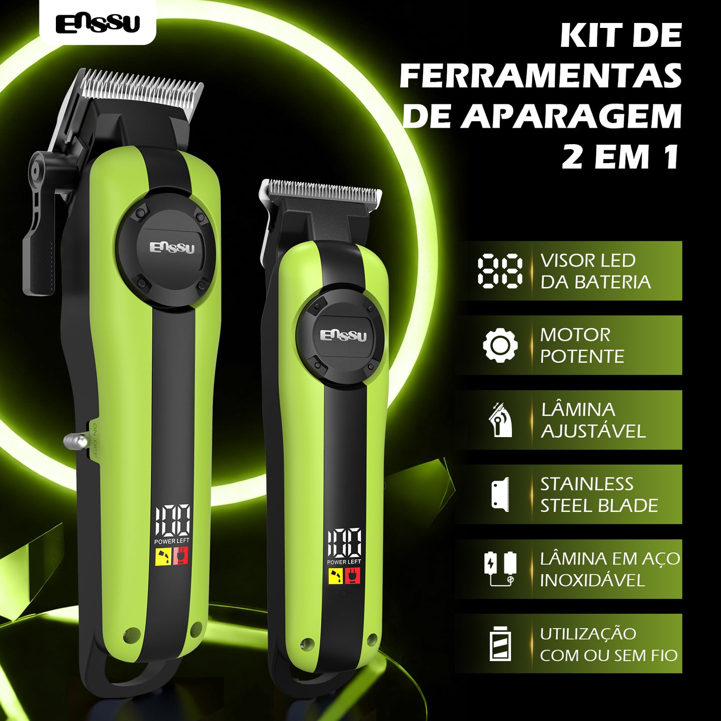 Conjunto de Máquina de Cortar Cabelo e Aparador Profissional Sem Fio Recarregável ENSSU para Homens