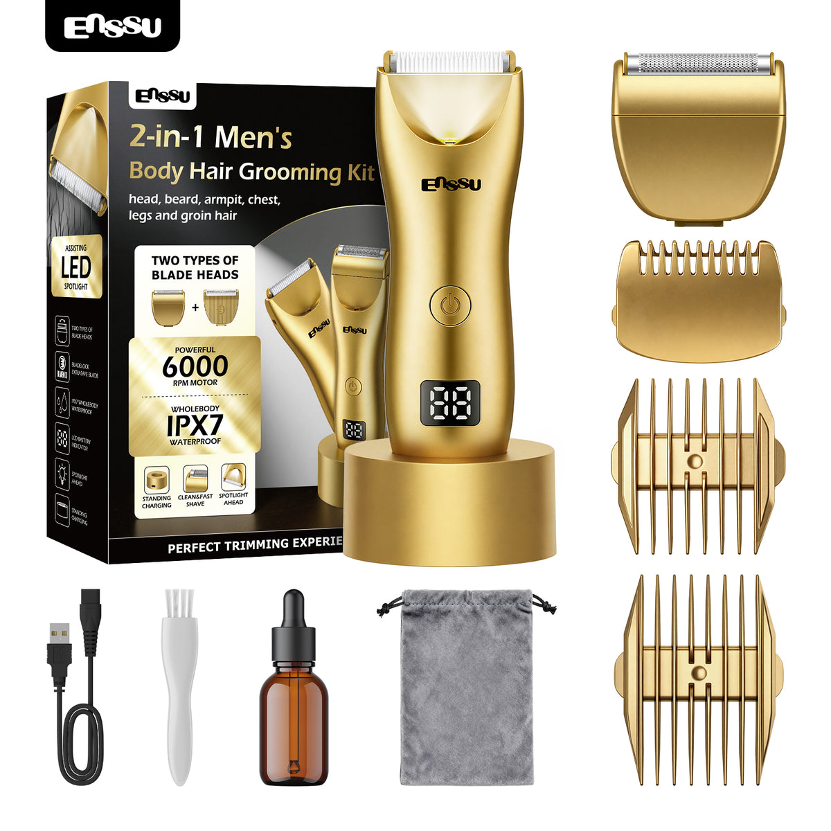 Máquina de Cortar Cabelo ENSSU Pro 2 em 1 (Dourada) — Visor Digital e Base à Prova d'Água (IPX7)