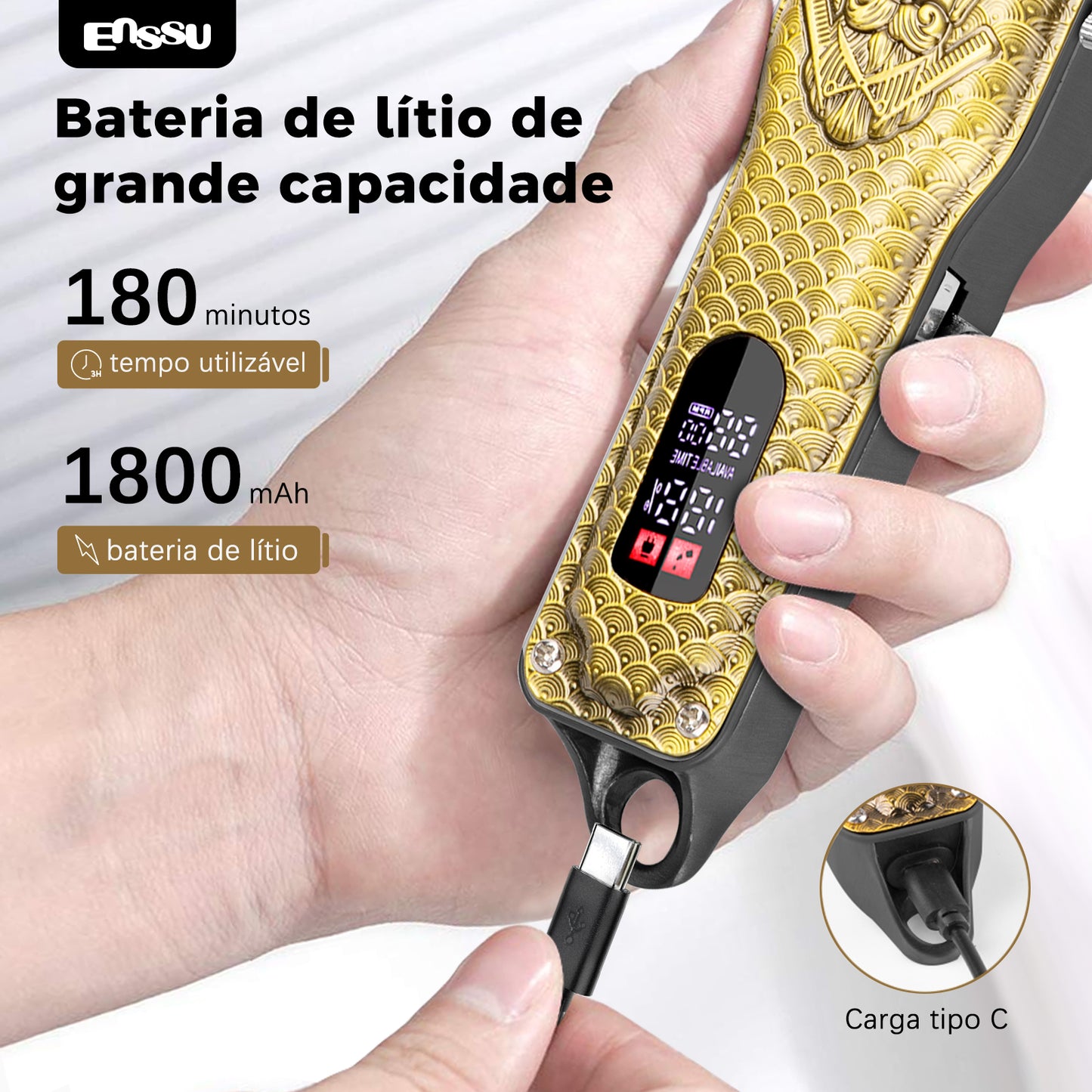 Aparador Profissional ENSSU Pro Preto - T-Blade LED Display Type-C Recarregável