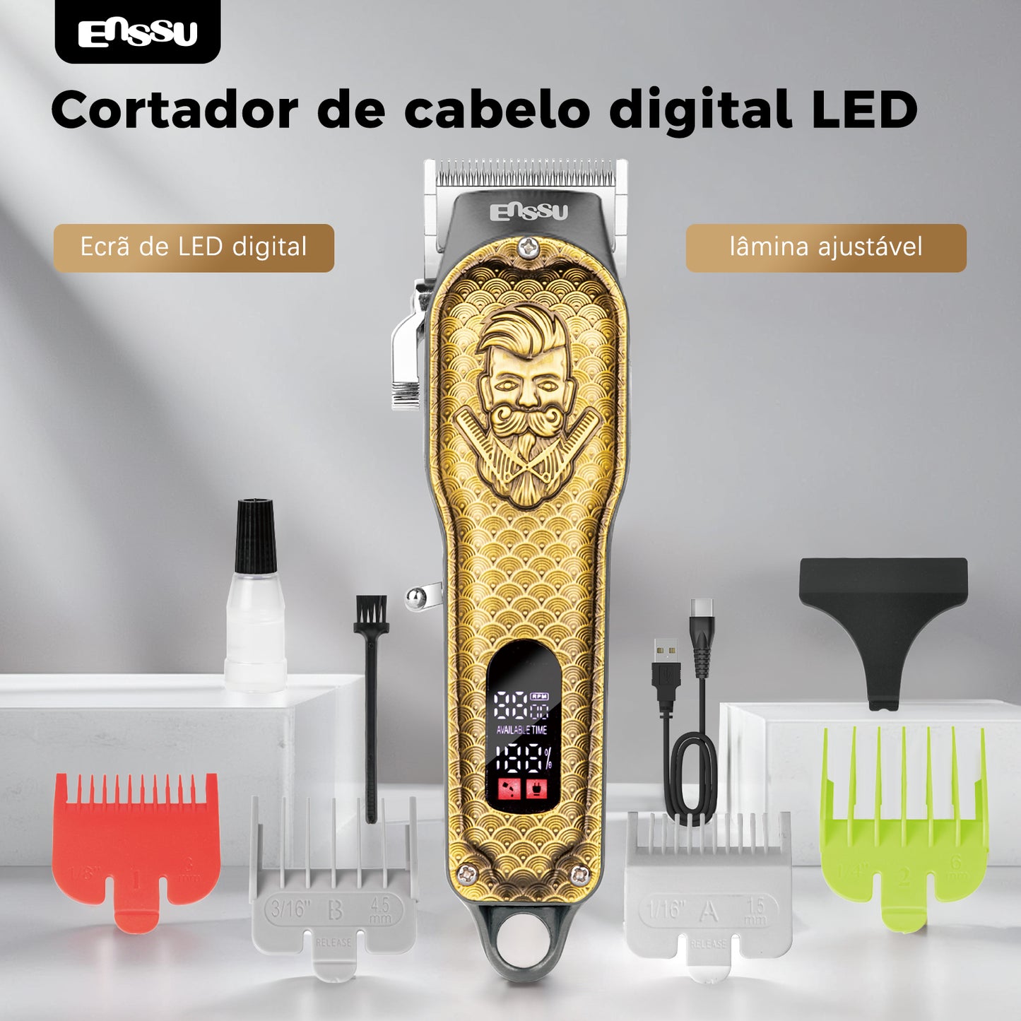 Aparador Profissional ENSSU Pro Preto - T-Blade LED Display Type-C Recarregável
