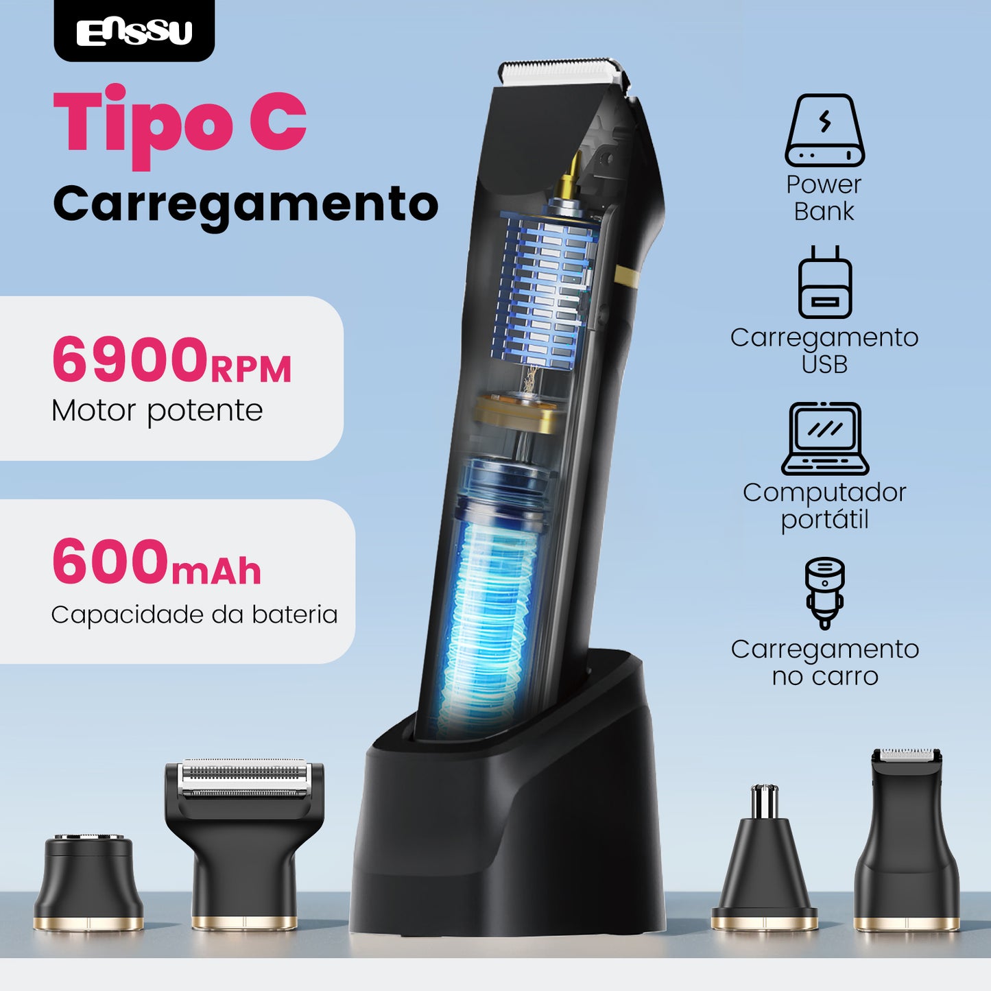 Kit 5 em 1 Feminino ENSSU Max Preto - 6900rpm Type-C IPX7