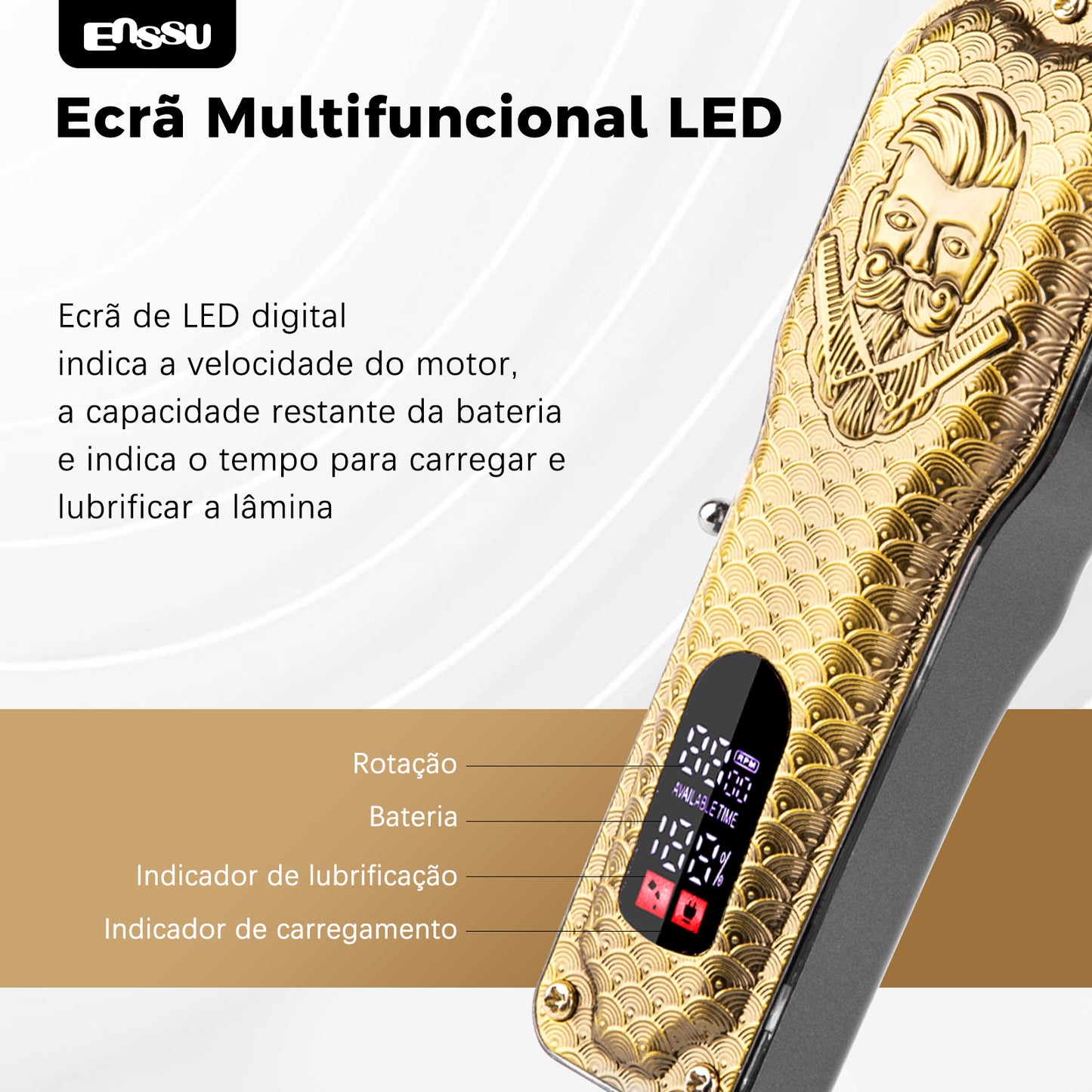 Aparador Profissional ENSSU Pro Preto - T-Blade LED Display Type-C Recarregável