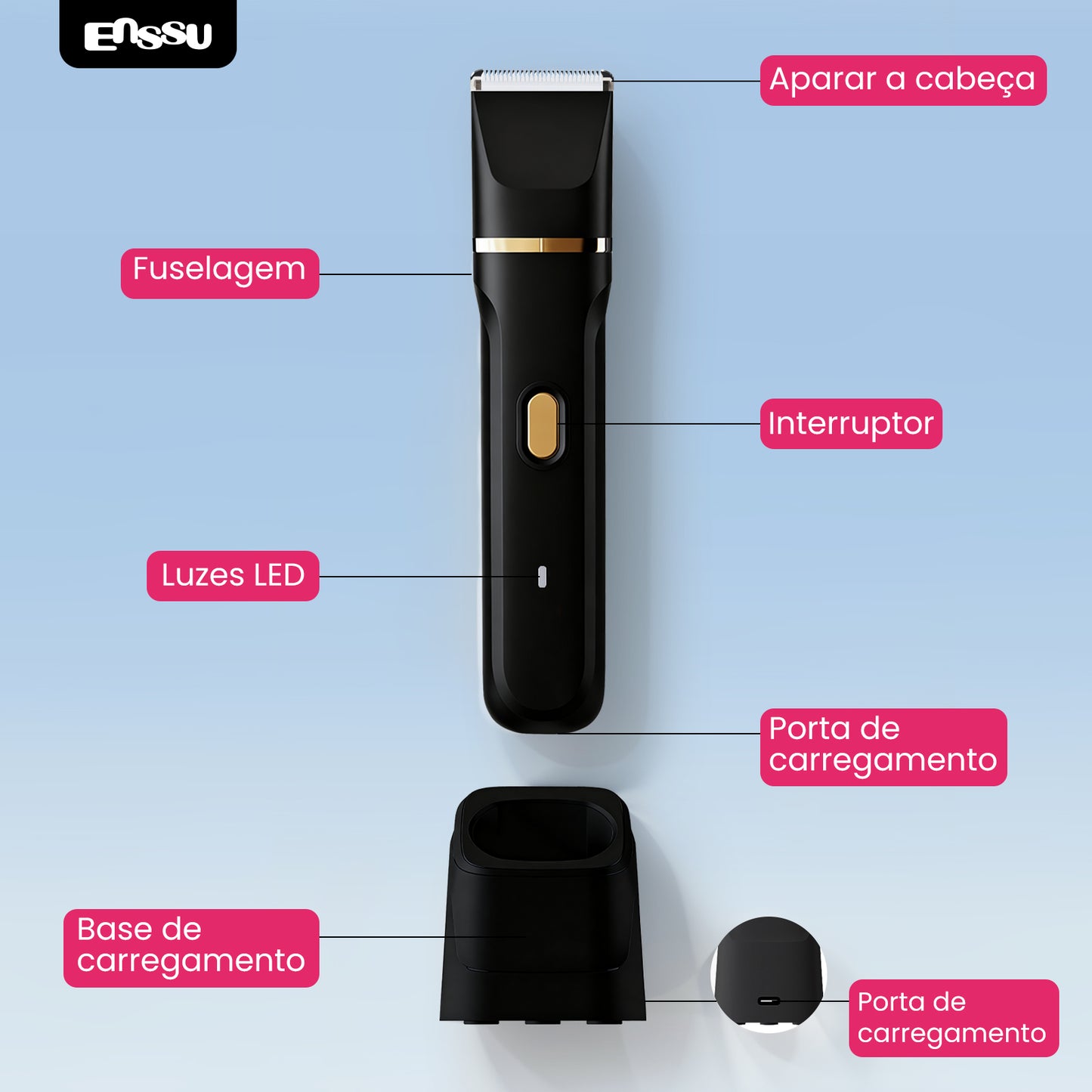 Kit 5 em 1 Feminino ENSSU Max Preto - 6900rpm Type-C IPX7