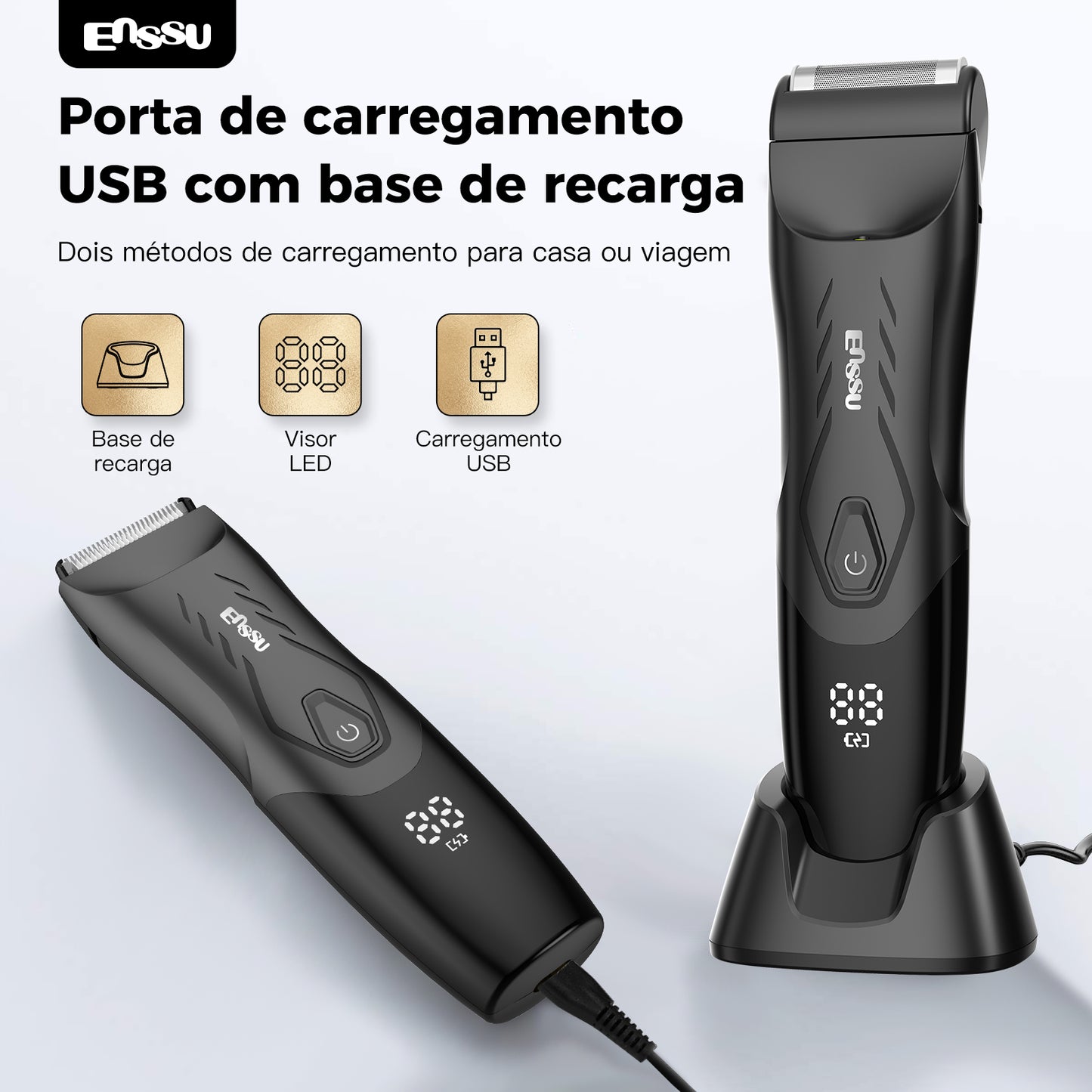 Kit Aparador Barba & Corpo ENSSU Max Preto - 2 em 1 Base IPX7