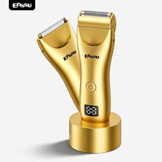 Máquina de Cortar Cabelo ENSSU Pro 2 em 1 (Dourada) — Visor Digital e Base à Prova d'Água (IPX7)