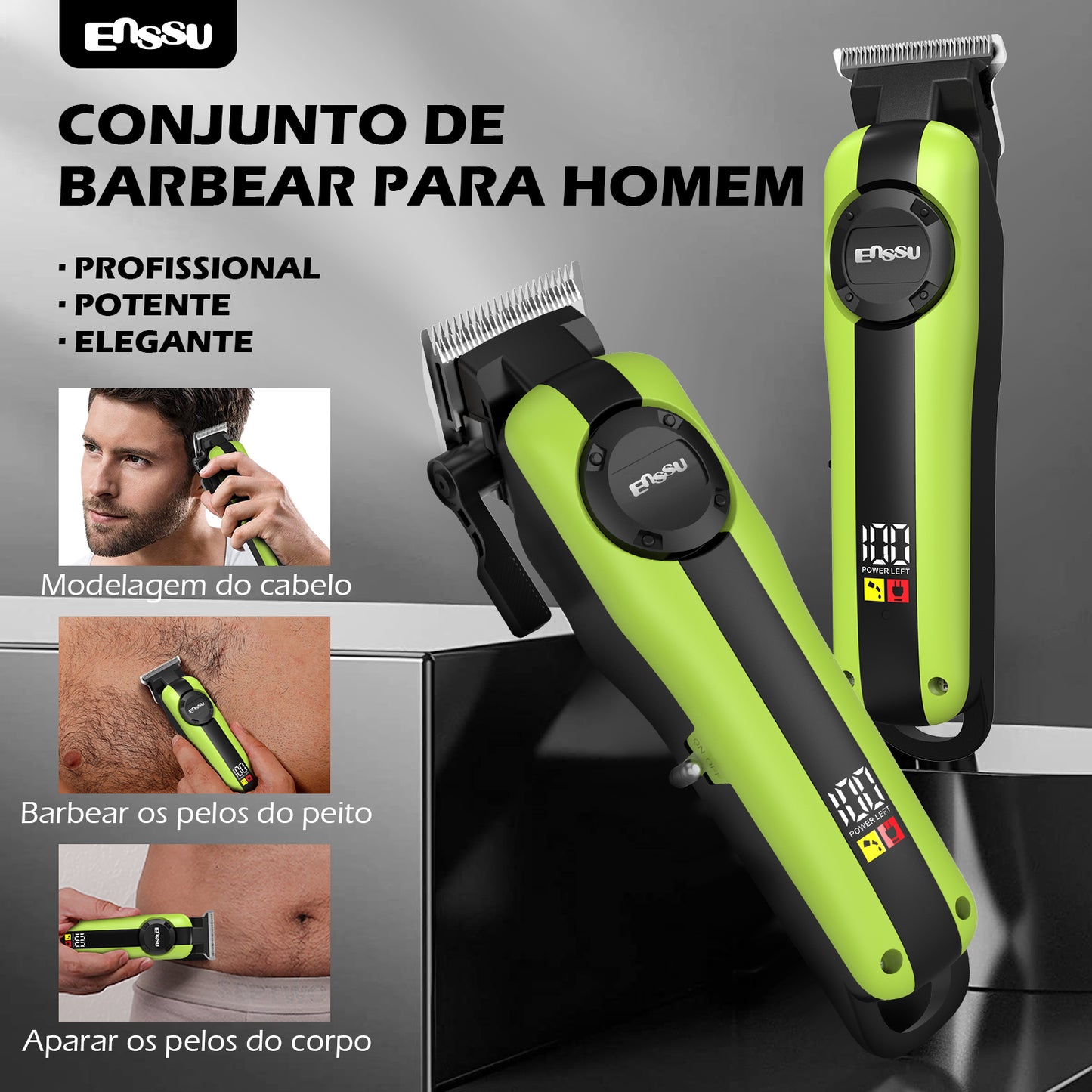 Conjunto de Máquina de Cortar Cabelo e Aparador Profissional Sem Fio Recarregável ENSSU para Homens