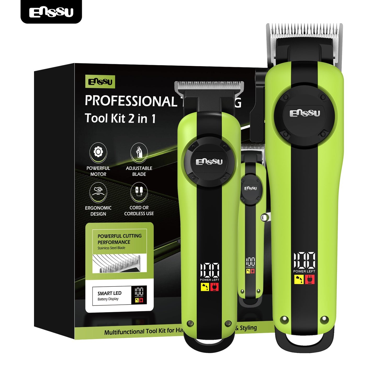 Conjunto de Máquina de Cortar Cabelo e Aparador Profissional Sem Fio Recarregável ENSSU para Homens