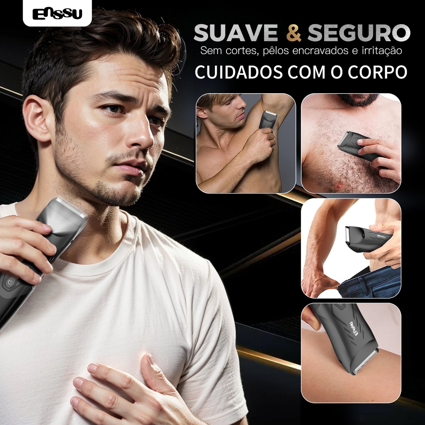 Kit Aparador Barba & Corpo ENSSU Max Preto - 2 em 1 Base IPX7